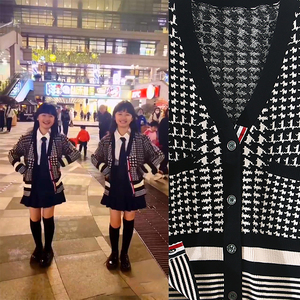 网红一一丫丫同款衣服霸气秋季千鸟格针织2021新款开衫中大童毛衣