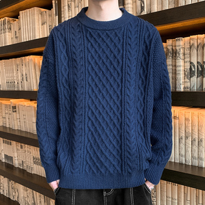 圆领毛衣男士秋冬季慵懒风百搭麻花针织衫男生保暖加厚长袖毛线衣