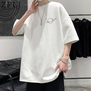 百搭白色短袖t恤男士夏季休闲宽松男友风t恤潮牌纯棉五分半袖衣服