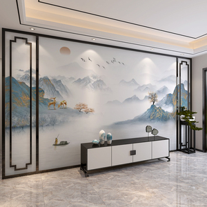 新中式电视背景墙壁纸山水墨意画装饰贴画客厅墙纸影视墙贴自粘