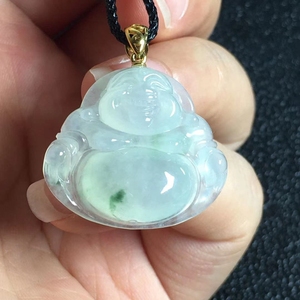 天然a货缅甸翡翠笑佛吊坠冰种飘花大肚弥勒佛18k扣头玉佛挂件女款