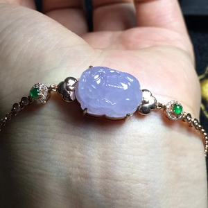 天然a货缅甸翡翠玉手链冰种粉色紫罗兰饱满貔貅18k金镶嵌女款手链