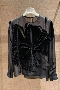 迦达女装GIADA2022年秋冬季长袖褛空刺绣黑色时尚休闲宽松衬衫