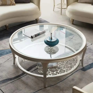 美式轻奢实木茶几客厅不锈钢镂空园咖啡桌钢化玻璃法式大圆形茶几