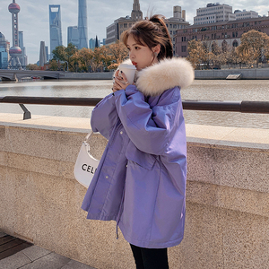 紫色派克服女冬季新款宽松显瘦小个子工装棉服加绒加厚棉衣外套潮