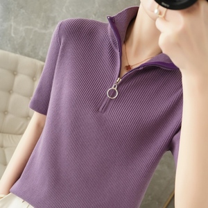 夏季新款t恤女修身短袖时尚立领拉链套头半袖上衣打底小款针织衫