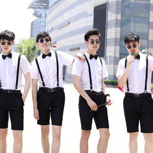 伴郎服夏季白衬衫男短袖领结背带衬衣西装短裤迎亲套装兄弟团衣服