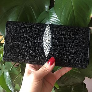 泰国正品rota珍珠鱼皮钱包中厚长款黑色魔鬼鱼二折皮夹高端真皮包