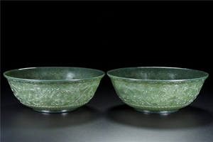 高古玉古玩回流老玉和田玉碧玉花卉香草玉碗一对摆件文玩古玉收藏