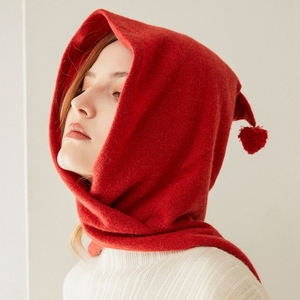 多功能纯山羊绒帽子围巾一体毛球帽高端系带围脖针织毛线帽小红帽