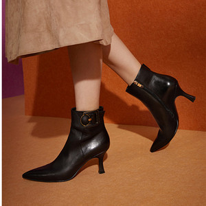 正品73hours女鞋2021冬新款牛皮尖头裸靴法式高跟时尚ins女短靴子