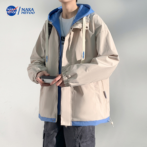 NASA假两件休闲外套男士春秋季棒球服潮牌冲锋衣百搭夹克连帽开衫