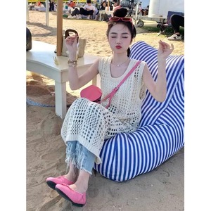 韩国镂空针织网格圆领叠穿氛围感背心连衣裙夏季套头长款罩衫外搭
