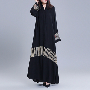 特大码连衣裙长袍女春秋宽松高端刺绣复古开衫外套黑色民族风袍子