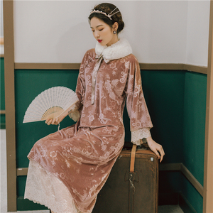 清装宫廷旗袍年轻款少女中国风两件套中式丝绒连衣裙秋冬2020新款