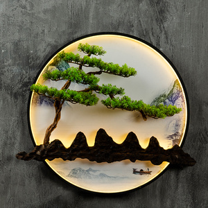 创意新中式家居客厅墙面装饰圆形铁艺壁饰立体迎客松玄关墙壁挂件