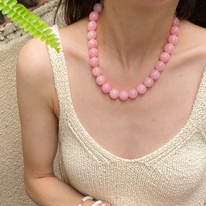 小众设计粉色水晶串珠项链天然海蓝宝玉髓大圆珠颈链时尚简约百搭