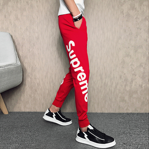 supreme潮男裤子男秋季运动薄款ins超火卫裤红色大码字母九分包邮