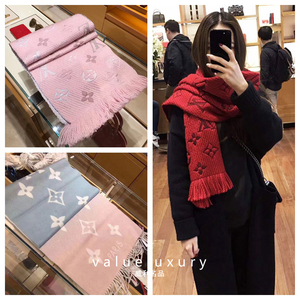 代购lv围巾女冬季新款正品路易威登经典红色老花双面羊绒渐变披肩