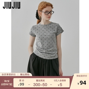 JIUJIU美式复古波点短袖T恤女2024季新款设计感正肩修身短款上衣