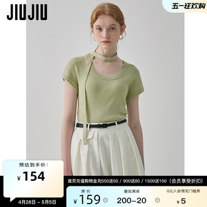 JIUJIU设计感纸片人式系带短袖针织衫女夏季2024新款套头短款T恤