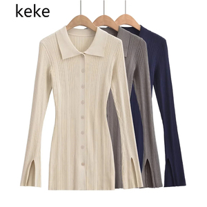 keke欧美风女装简约百搭修身显瘦中长款针织衫单排扣翻领针织开衫