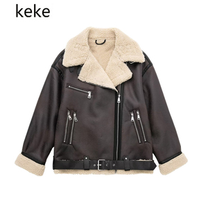 keke欧美女装 秋季新款时尚复古配腰带双面夹克保暖外套8073264