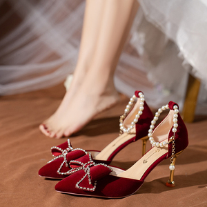 婚鞋新娘鞋女2024年新款秀禾婚纱两穿公主酒红色高跟鞋不累脚单鞋