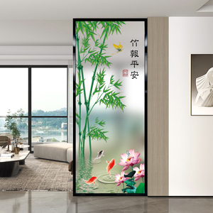 竹子艺术玻璃中式客厅隔断鞋柜屏风画双面透光定制铝合金边框配套