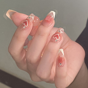 网红穿戴式美甲成品贴片纯欲蜜桃爱心亮钻手工定制假指甲学生甲片