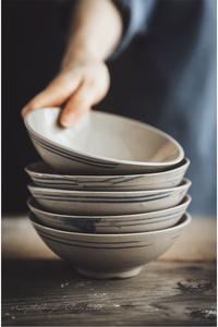 老式碗复古中式80怀旧粗瓷餐具粗碗美食扣碗摄影道具双蓝边陶土碗