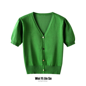 绿色针织短袖女夏季薄款v领修身小外套搭配吊带裙子短款开衫上衣