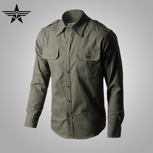 二战复刻军迷兄弟连同款卡其色男式修身全棉衬衫衣美军绿加厚长袖
