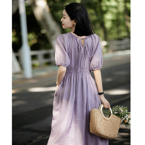 紫色浪漫苎麻连衣裙夏季女装超好看气质度假飘逸收腰绝美法式长裙