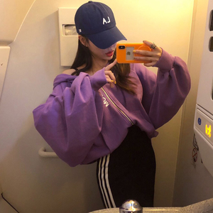 韩国ins网红慵懒宽松连帽拉链开衫卫衣灯笼袖休闲外套百搭女秋冬