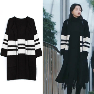 孙怡姜生明星同款黑色中长款毛衣女新款慵懒风羊毛针织开衫外套潮