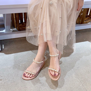 珍珠一字带凉鞋女平底鞋20夏新款仙女风百搭少女度假沙滩罗马凉鞋