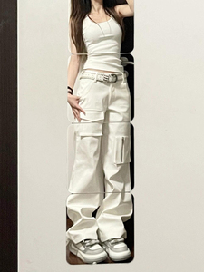 美式辣妹低腰白色工装裤女夏季高街口袋设计阔腿窄版直筒休闲裤子