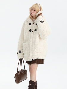 MUXMU 美式复古宽松仿羊羔毛衣女冬季新款保暖牛角扣立领棉衣外套
