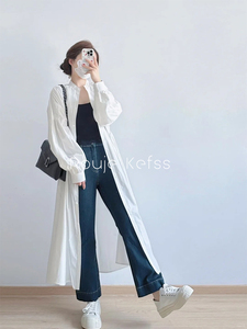 Rouje Kefss慵懒风灯笼袖夏季薄款中长款白色气质防晒衬衫外套女
