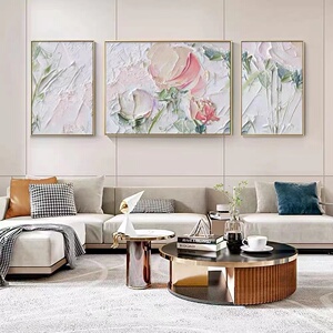 手绘油画客厅三联牡丹花卉装饰画玄关现代简约沙发背景墙挂画壁画