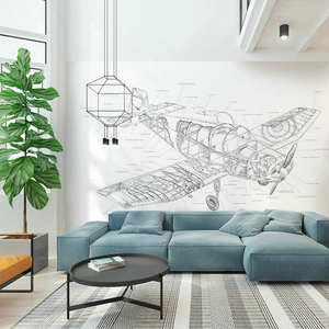宝纳1㎡定制简约现代墙纸黑白素描效果儿童房壁纸书房飞机机械图
