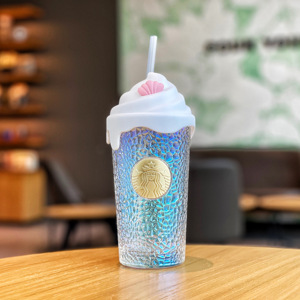 星巴克杯子2022夏日咖啡乐园冰淇淋机压玻璃吸管杯带奶油硅胶杯盖