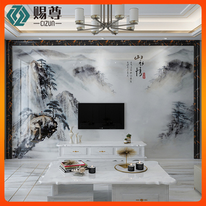 中式客厅电视背景墙瓷砖3d微晶石石材罗马柱护墙板影视墙 山水情