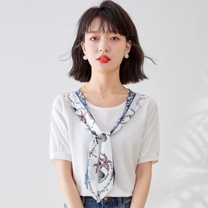 白色纯棉短袖t恤女装2022夏季新款印花雪纺丝巾拼接海军领上衣潮