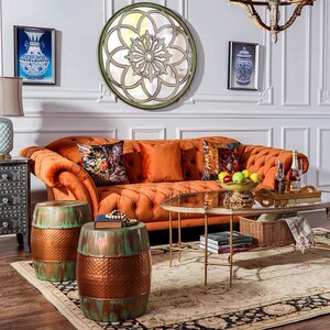 美式法式复古设计师创意拉扣橙色客厅布艺创意弧形丝绒三人位沙发