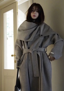 韩国高端大围巾设计双面羊绒大衣女走秀气场围脖领长款羊毛呢外套