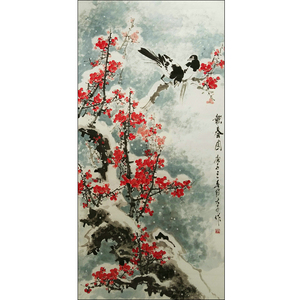 国画写意花鸟真迹作品 雪景梅花喜鹊报春图 四尺竖幅68cm*138cm