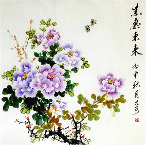 国画写意花鸟真迹作品手绘紫牡丹紫气东来斗方68cm*68cm