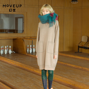 moveup幻走2018女装冬季新品小立领虚线休闲毛织套头衫中长款毛衣